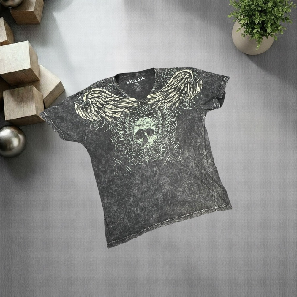 Helix Mens XL Acid Wash Skull Wing Graphic T-Shirt Gray V-Neck Y2K Skater Grunge